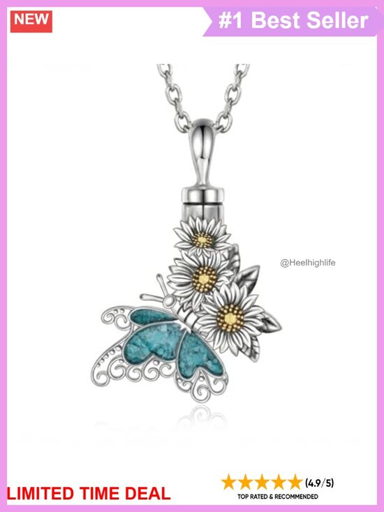 Jewelry - 925 Sterling Silver Butterfly Urn Necklace Turquoise Daisy Pendant Memorial